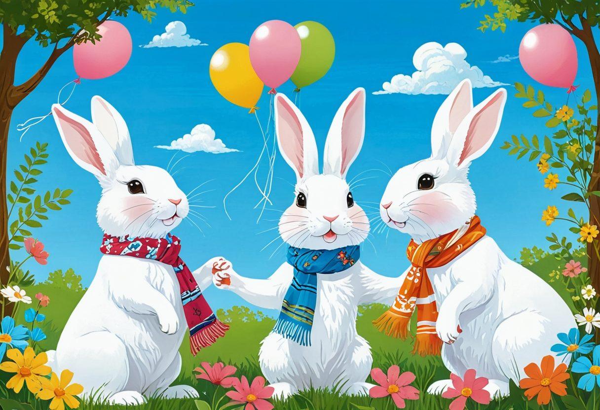 A whimsical scene depicting playful bunnies engaging in light-hearted, flirty conversations under a bright, blue sky. The bunnies, adorned with colorful scarves and accessories, are nestled among vibrant flowers and lush greenery, exuding a cheerful atmosphere. Soft, pastel colors dominate the image, evoking feelings of joy and a carefree spirit. Include speech bubbles with playful, flirty messages to emphasize the casual dating theme. cartoon style. vibrant colors. whimsical.