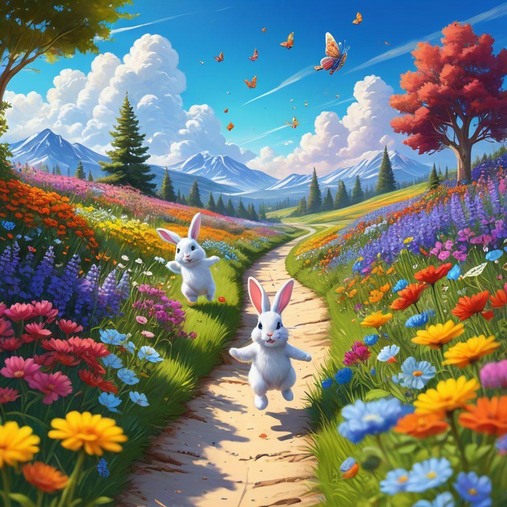 A whimsical scene featuring playful, cartoon-style bunnies in a vibrant meadow, hopping around joyfully amidst colorful wildflowers and butterflies. The bunnies are engaging in various adventures like sliding down a rainbow or playing hopscotch on a vibrant path. The atmosphere is bright and cheerful, exuding happiness and fun vibes. Add a playful blue sky with fluffy white clouds for extra joy. vibrant colors. cartoon style. cheerful and whimsical.